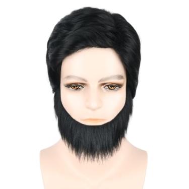 Imagem de LeMarnia Conjunto de perucas masculinas e barba dos anos 70 para homens, preto, curto, encaracolado, bouffant, perucas de fantasia de Halloween