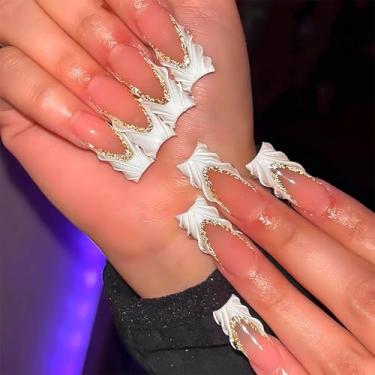 Imagem de RUOKEXIN Unhas postiças quadradas brancas de ponta francesa, unhas postiças douradas com glitter com desenhos 3D, cola longa nas unhas, unhas artificiais brilhantes, cola fofa nas unhas, 24 peças