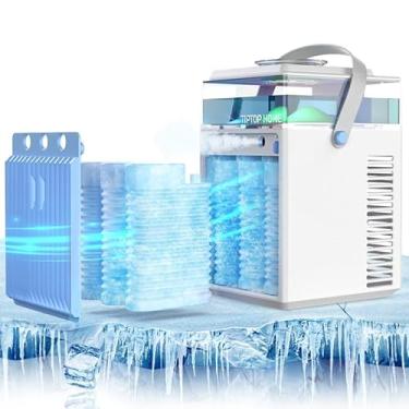 Imagem de Ventilador de ar condicionado portátil, mini umidificador de refrigeração pessoal recarregável 4 em 1, refrigerador de ar evaporativo de 3 velocidades com 7 luzes coloridas, condicionador de spray de