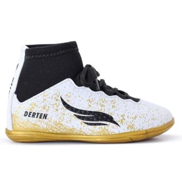 Imagem de Chuteira Futsal Botinha Infantil Tênis Salão Quadra Lisa Criança Escola Original (Branco/Dourado, BR, Criança de 9 a 12 anos, Numérico, 28)