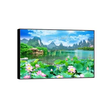 Imagem de Impressão em tela de paisagem - imagem moderna de parede natural - Lago Lótus - Pôster com moldura preta para decoração de casa de banho 80 x 120 cm 31 x 47 pol