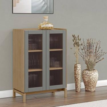 Imagem de Conjunto Barcelona Finestra Móveis - Cristaleira em Madeira Maciça e Aparador Oak/Ferrolack