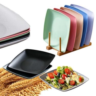 Imagem de Conjunto de 6 pratos quadrados de palha de trigo inquebrável para salada leve e reutilizável (25,4 cm, cores mistas)