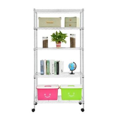 Imagem de Estante Aço Cromado 5 Prateleiras Reguláveis Aramada Multiuso Rodízio 