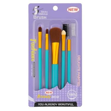 Imagem de Conjunto de 5 Pincéis de Maquiagem Profissional, Turquesa e Dourado, com Pincel para Blush, Sombra, Lábios, Sobrancelha e Pincel de Bolsa
