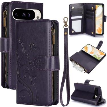 Imagem de Capa carteira para Google Pixel 9 Pro XL, couro sintético e TPU à prova de choque, 6 compartimentos para cartões/compartimento para dinheiro/bolso com zíper, fecho magnético, alça de pulso removível