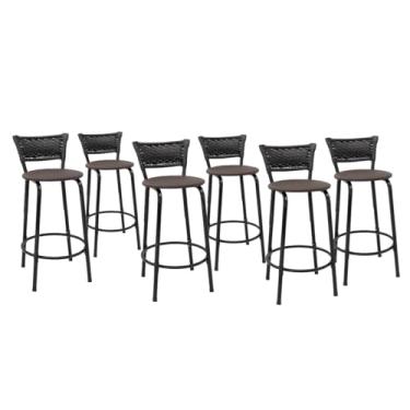 Imagem de Kit 6 Banco Para Bancada Cozinha Gourmet Estrutura Preta Encosto Junco Preto Balcão Ilha Bar Banqueta 60cm Itagold (Assento Marrom Escuro)