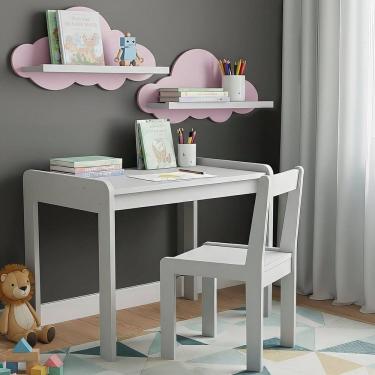 Imagem de Conjunto Mesa e Cadeira Infantil com 2 Prateleiras Nuvem Branco/Rosa