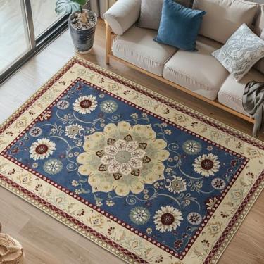 Imagem de Lacut Tapetes de área 9,5 x 1,5 m lavável, antiderrapante boho vintage, ideal para entrada, sala de estar, quarto, sala de jantar, tapete de pelo baixo azul e verde
