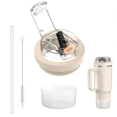 Imagem de JHZWD Tampas de silicone à prova de vazamento com orifício para beber e canudo dobrável para copo Stanely 1,134 g (preto) (tampas bege + bota semitransparente)