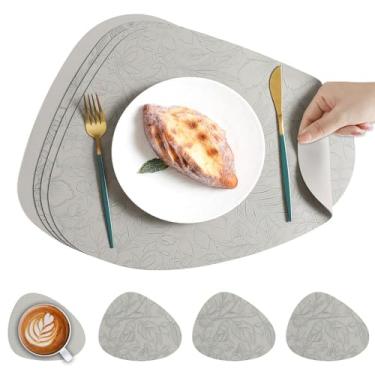 Imagem de Jogo americano de couro PU, conjunto de 6, tapetes de mesa florais em relevo em forma de gota d'água, resistente ao calor, para mesa de jantar, fácil de limpar (cinza)