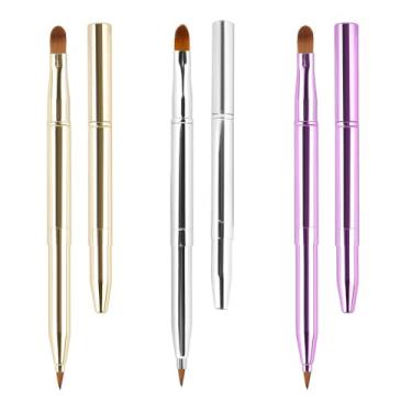 Imagem de Pincel labial Yoizyfree retráteis, pincéis labiais retráteis, conjunto de pincéis de maquiagem TraveLip com ponta dupla para batom, brilho labial inclui tampa (dourado + prata + roxo)