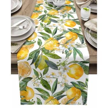 Imagem de Caminho de mesa primavera verão amarelo limão folhas verdes, corredores de mesa de linho de algodão 70 polegadas de comprimento, cômoda de frutas em aquarela cachecol para cozinha café/jantar/sofá