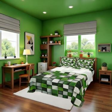 Imagem de Jogo de cama Pixelated Miners Gamer infantil tamanho casal, jogo de cama com desenho animado de videogame, estampa geométrica moderna, lençol infantil verde e branco (com elástico + 2 fronhas)
