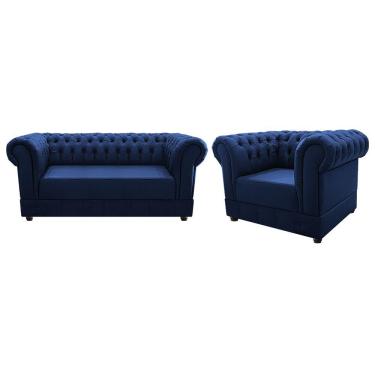 Imagem de Poltrona e Namoradeira Chesterfield Ana Suede Azul Marinho