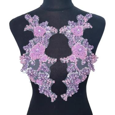 Imagem de Remendos de aplique de renda com strass - motivo floral costurado à mão para vestido de casamento DIY, vestido de noiva, baile, noite para decoração de ombro e cintura (roxo claro)