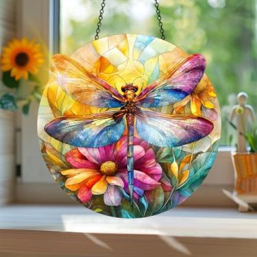 Imagem de Acrílico colorido Suncatcher, apanhador de sol estilo vitral impresso libélula com reflexos de arco-íris, decoração de janela suspensa, decoração de parede, ornamentos de Natal para uso interno e