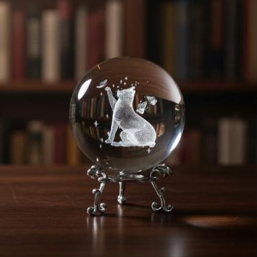 Imagem de Decoração de bola de cristal 3D com suporte - Ornamento de mesa de cristal de vidro 3D gravado a laser com vários padrões para escritório em casa, quarto