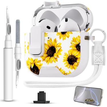 Imagem de Meiyasy Capa protetora bloqueável para AirPods 4 gerações, capa rígida estilo feminino com kit de limpeza e alça de mão para Apple AirPods 4 (girassol branco)