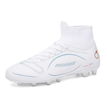 Imagem de ESXGED Botas de futebol femininas confortáveis, tênis de futebol masculino, atlético, atividades ao ar livre/interno, meninas/meninos, corrida, caminhada, estudante, chuteiras modernas, Branco, 8.5
