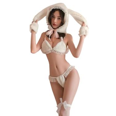 Imagem de YOMORIO Lingerie de coelho peludo conjunto de sutiã de renda branca com babados e chapéu de orelha de coelho fantasia de Natal sexy
