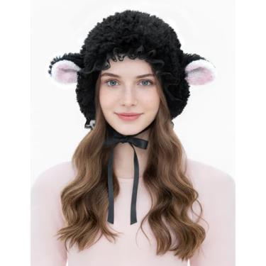 Imagem de ISZPLUSH Gorro feminino Y2K de lã de ovelha, animal, cordeiro, chapéu kavaii, acessório para cabeça, fantasia de ovelha, adereços de festa (preto, pequeno)