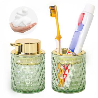 Imagem de Fvstar Conjunto de Acessórios de Banheiro de Vidro com 2- Conjunto de Porta-Sabonete e Escova de Dentes, Porta-Escovas de Dentes Dourado, Dispensador de Sabonete Líquido Espumante, (, Verde)