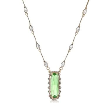 Imagem de HZMAN Gargantilha feminina de cristal verde, gargantilha de latão ajustável feita à mão com pedra preciosa brilhante de corte diamante, presente elegante para ela, 45 cm