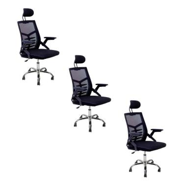 Imagem de Kit 3 Cadeiras Escritório Executiva Diretor Relax Ergonômica Com Apoio De Cabeça