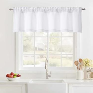 Imagem de Ebesto Saia branca pura para janela de 35,5 cm de comprimento, cortina de cozinha pequena com filtro de luz com dois bolsos de haste, saia curta para sala de estar, quarto, banheiro, café, trailer, 1