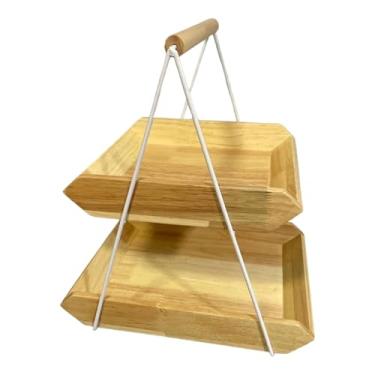 Imagem de Ｂｅｓｇａ Bandeja de Frutas de Madeira, Travessa de 2 Andares com Alças, Grande Capacidade, Ideal para Presente, Suporte para E Petiscos em Festas E Event, Castanho claro G