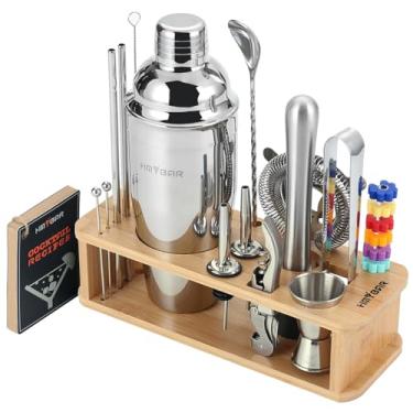 Imagem de HMYBAR Conjunto De 22 Coqueteleiras (24 Oz/700 Ml), Kit Barman Para Mixologia, Bar, Utensílios Fazer Martinis Com 39 Receitas Coquetéis E Decoração Do Kit, Suporte Bambu Cor Natural, Prateados