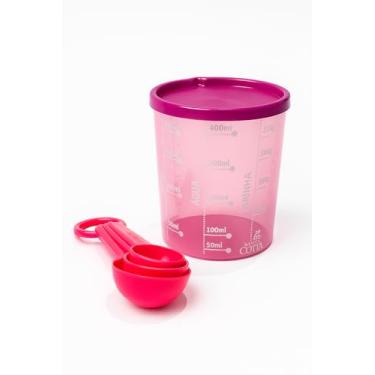 Imagem de Pote Medidor de Plástico com Colheres Dosadoras, 400ml, Rosa, Graduação em ml e g, Tampa Hermética