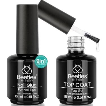 Imagem de Beetles Kit de cola de unhas de gel e revestimento sem toalha, 2 peças de 15 ml 5 em 1 de cola UV para pontas de unhas de acrílico, unhas transparentes, gel de extensão fácil de unhas, acabamento de