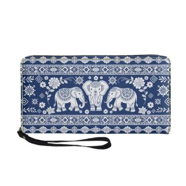 Imagem de Sktodyaw Carteira feminina longa para cartão de crédito de grande capacidade com zíper de couro PU bolso para moedas de viagem, Elefante asteca floral azul, One Size