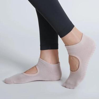 Imagem de 1 par de meias femininas com aderência de pilates e meias antiderrapantes para ioga com aderência para meias descalços e aderentes, Rosa e branco, Medium