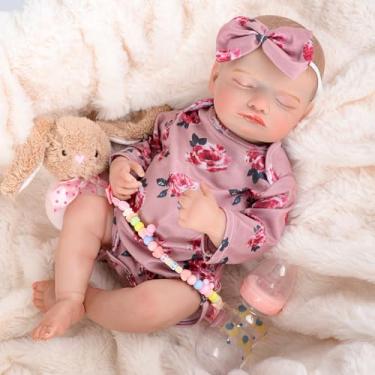 Imagem de Bebê Reborn Boneca Menina Dormindo Corpo de Silicone Realista Pintado Original 48cm Com Acessórios