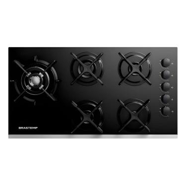 Imagem de Cooktop 5 Bocas Gas Bivolt Vidro Preto Inox 73x46cm Brastemp