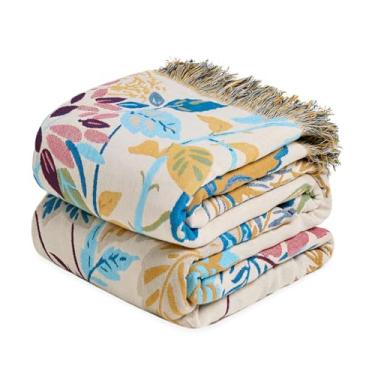 Imagem de Wzvzss Cobertor Boho – Cobertores 100% algodão para sofá de cama, 152,4 cm x 203,2 cm, musselina macia leve para outono, aconchegante estampa de plantas florais Bohemain decoração de cama colcha verde