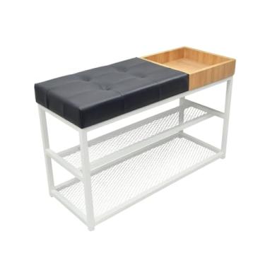Imagem de SAPATEIRA ORGANIZADORA COM TELA 80CM ASSENTO ESTOFADO LUXO CAPITONE COM CAIXA APARADOR(Estrutura Branca/Assento Preto)