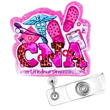 Imagem de Carretel de crachá CNA para suporte de assistente de enfermagem certificado, retrátil com clipe de identificação; acessórios essenciais da CNA com glitter, acessórios essenciais com clipe jacaré para escritório, hospital, trabalho, enfermeiras, presentes