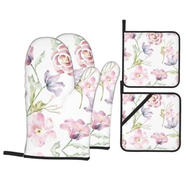 Imagem de Flores em aquarela – Conjunto de luvas de cozinha estampadas com suportes de tampa, luvas de forno resistentes ao calor para manusear panelas quentes, grelhar, churrascos, kit de 4 peças.