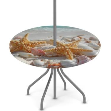 Imagem de Toalha de mesa para uso ao ar livre com orifício para guarda-chuva, oceano, praia, estrela-do-mar, redonda, com zíper oculto, capa de mesa de piquenique elástica para acampamento, para pátio, jardim