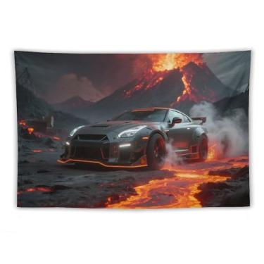 Imagem de HouLaiZhe JDM Tapeçaria de carro Guerreiro Preto R35 Vulcão Erupção Lava Pendurar na Parede Quarto Decoração de Casa Tapeçarias Estética Piquenique Decoração de Parede Arte de Parede para Dormitório