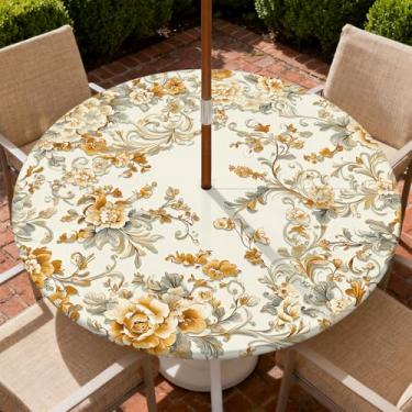 Imagem de COTAIL Toalha de mesa redonda para uso ao ar livre com zíper e orifício para guarda-chuva, toalha de mesa elástica à prova d'água a óleo para pátio, piquenique, acampamento, jardim, serve para mesa