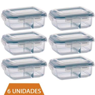 Imagem de 6 Pote de Vidro 640ml Retangular Divisória Marmita Fitness - QUALITY H
