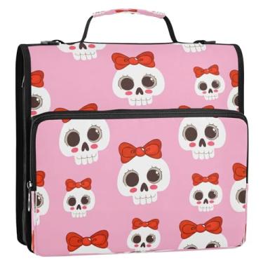 Imagem de Wassud Caveiras brancas com laços, fichário com zíper, 3 anéis com alça de ombro e alça de vários bolsos, organizador de pastas expansíveis