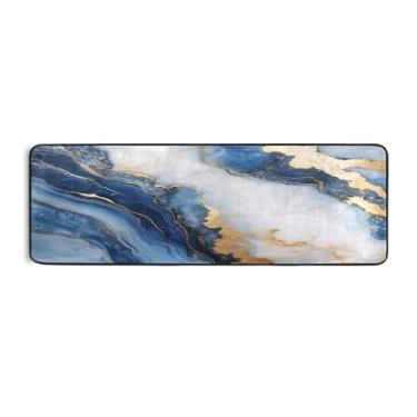 Imagem de Burbuja Tapete de corredor de mármore branco azul 61 x 183 cm, tapete lavável antiderrapante com suporte de borracha, tapete para sala de estar, corredor, decoração de casa