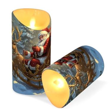 Imagem de Blueangle Pacote com 2 velas de rena de Papai Noel sem chama com controle remoto e temporizador, velas LED cintilantes (7,6 cm x 9,9 cm) para decoração de casa, casamento, acampamento (497)