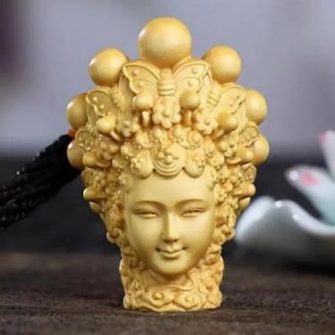 Imagem de FENNYYAR Pingente de estátua de menina de beleza de ópera chinesa esculpida em buxo, 6 cm, 5,8 cm, decoração de chave para sala de casa, escritório
